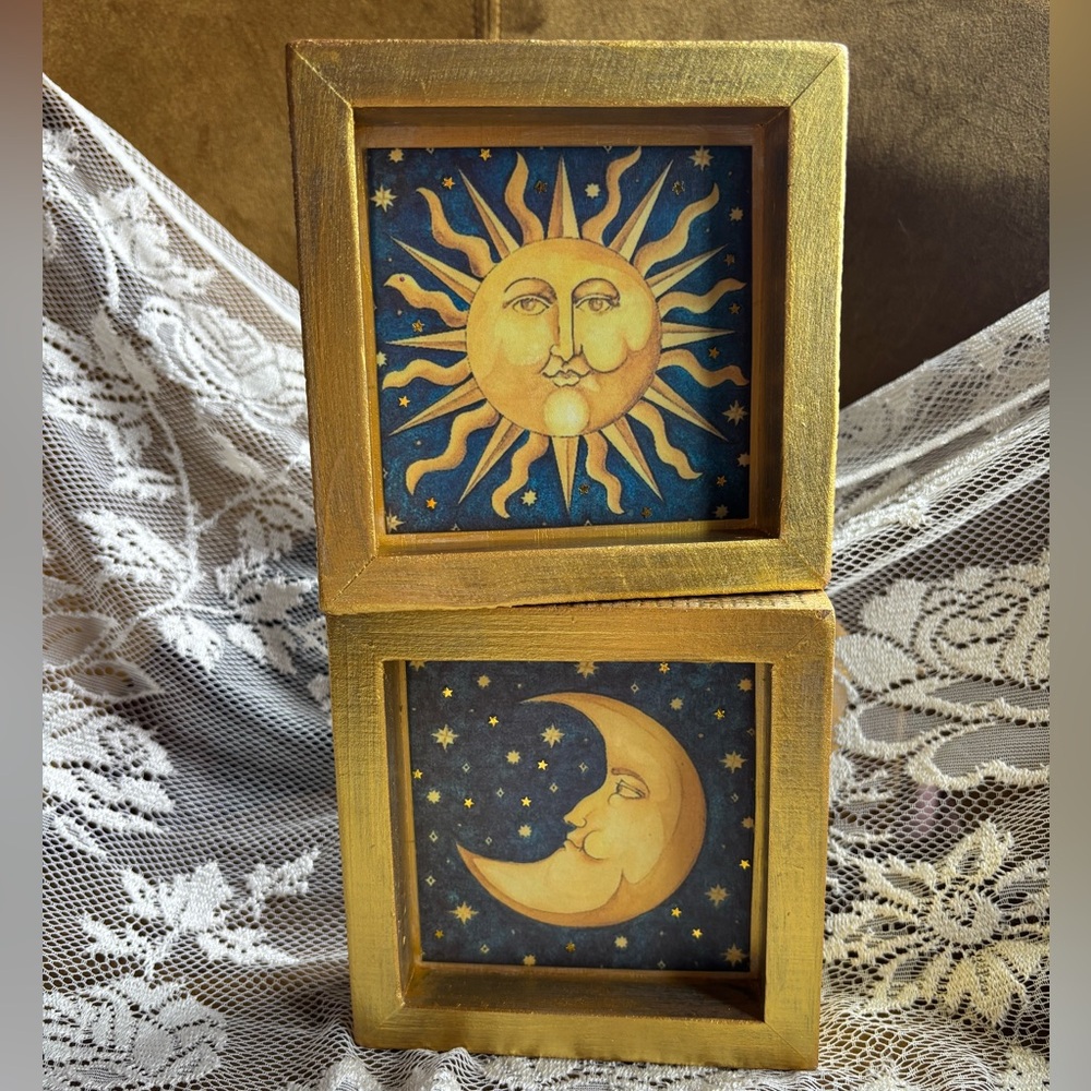 Celestial Moon Sun & Stars   Mary Beth Zeitz Gold Themed Copy Frame Art 5”x 5”